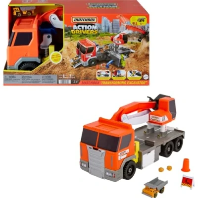 Image de Matchbox Coffret Action Drivers Excavatrice Transformable, Grand Camion Benne Échelle 1/64 À Compartiments Pratiques, 4 Accessoires De Chantier, Jouet Enfant, A Partir 3 Ans, HPD64