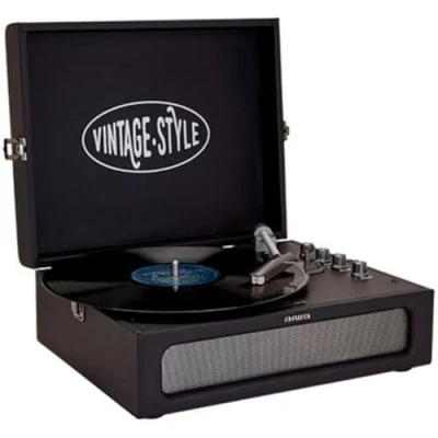 Image de Aiwa VPX 1971/BK Tourne Disque Vintage en Cuir synthétique avec Bluetooth à 2 Voies, Lecteur MP3 et enregistreur USB Noir