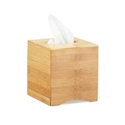 Image de Relaxdays Distributeur à mouchoirs carré boîte lingette maquillage tissu bois bambou HxlxP: 15,5 x 14,5 cm, nature