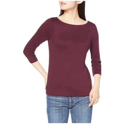 Image de Amazon Essentials T Shirt Col Bateau Uni Coupe Ajustée à Manches 3/4 Femme, Bordeaux, XL