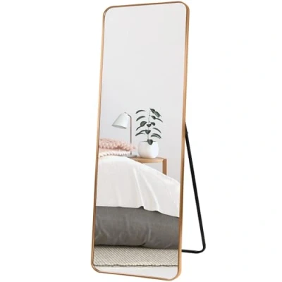Image de HORLIMER Miroir sur Pied 152x46cm avec Cadre en Aluminium Doré, Plein Support, Mural pour accrochage ou Pose Libre au Sol, Anti Explosion