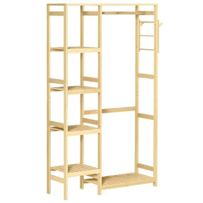 Image de HOMCOM Portant à Vêtements Bambou Penderie Porte Manteaux avec étagères, Tringle et 2 patères dim. 90L x 30P 155H cm