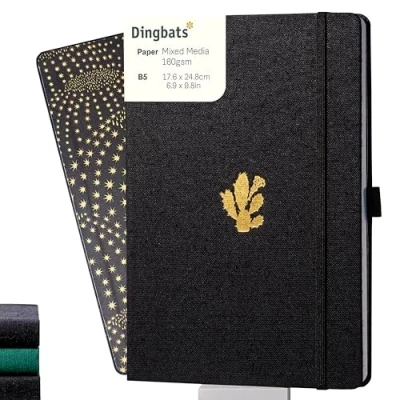 Image de Dingbats* Pro B5 Grand Carnet De Notes Ligné Journal Avec Couverture En Tissu Noir, Reliure à Fil Fermeture Élastique, Porte stylo, Marque page