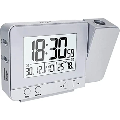 Image de Houkiper LED Horloge de Projecteur, Réveil Numérique à Projection Température Intérieure 4 Niveaux Luminosité Reglable Fonction, Silver