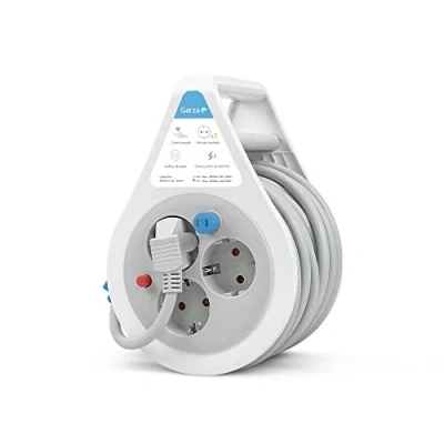 Image de Garza Mini enrouleur de câble, gris, 10 m, avec poignée, 3 prises Schuko, protection enfant et contre les surcharges, utilisation en intérieur