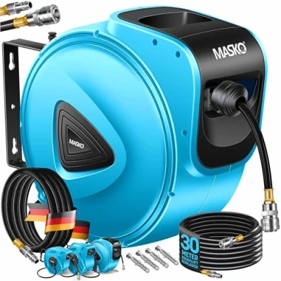 Image de MASKO® Enrouleur automatique pour tuyau à air comprimé Raccord 1/4&quot; 30 m Dévidoir mural de Bleu