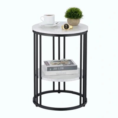 Image de Relaxdays Table d&#039;appoint, métal et MDF, 2 Plateaux Aspect marbre, H x D : 56 40 cm, pour Le Salon, Blanc Noir