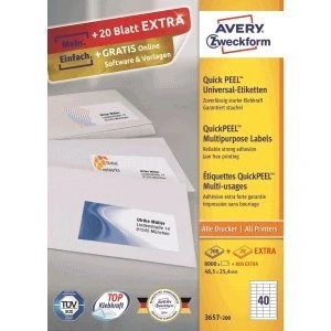 Image de AVERY Zweckform 3657 200 étiquettes universelles (8 000 plus 800 autocollantes extra 48,5 x 25,4 mm sur A4, papier mat, imprimable, autocollant avec ultragrip) 220 feuilles blanches