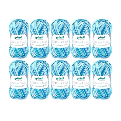 Image de Fil à tricoter/crocheter Gründl Cotton Quick Print (fil aux couleurs joyeuses 100 % coton, certifié OEKO TEX, 50 g / 125 m, grosseur d&#039;aiguilles : 3 4, 10 x g), Aqua Multicolor