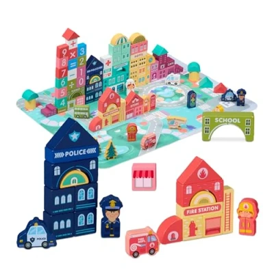 Image de Relaxdays Blocs de Construction Ville, Set B, 100 pièces, Tapis Puzzle, bâtiments, Lettres, Chiffres, Multicolores