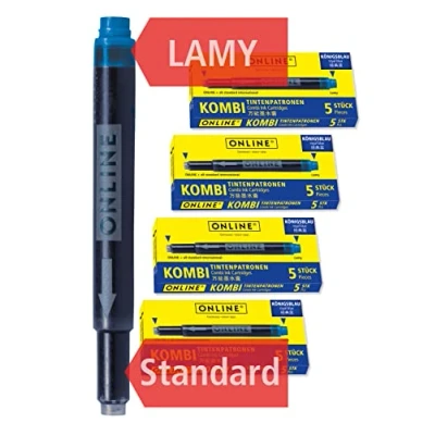 Image de Online 20x cartouches d&#039;encre combi Bleu Royale, effaçable, 4x 5 universelles, celle qui est toujours compatible, encre pour stylo plume/roller, école, bureau, recharge plume 17026