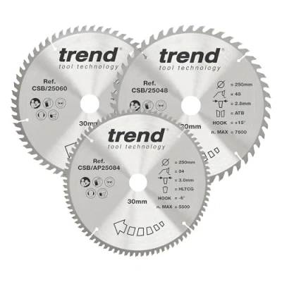 Image de Trend Lames de Scie Circulaire pour Bois, 250 mm Diamètre, 30 d&#039;Alésage, 48, 60 &amp; 84 Dents, TCT, 3 Trait Scie, +15 Crochet 6 Crochet, CSB/250/3PK