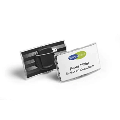 Image de Durable 812858 Porte Badge Convexe Fixation Par Pince Combi Pivotante pour Insertion Format 40 x 75 mm Fenêtre Acrylique Transparent Support Anthracite Boîte de 25