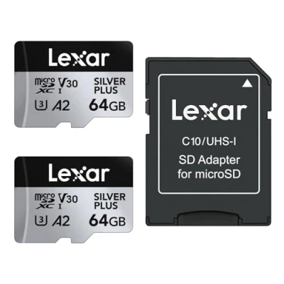 Image de Lexar Silver Plus Lot de 2 Cartes Micro SD 64 Go, jusqu&#039;à 205 Mo/s Lecture, 100 en écriture, Carte mémoire avec Adaptateur, UHS I, A2, U3, V30, Classe 10, 4K UHD microSDXC
