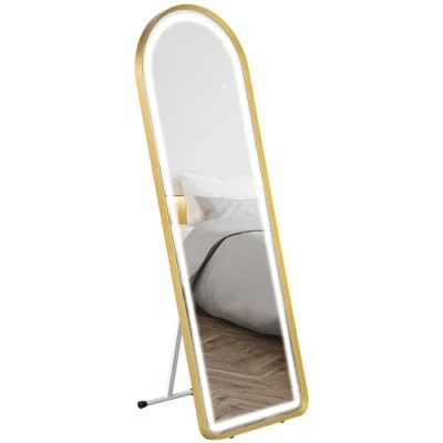 Image de HOMCOM Miroir intégral, 151,5 x 50 4 cm Mural avec Support, sur Pied Lampe LED, de vestiaire à intensité Variable volet Tactile, pour Salon, Chambre Coucher, Or