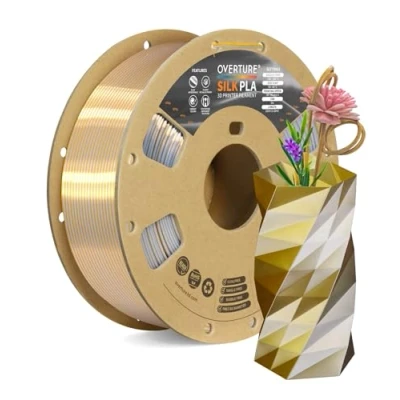 Image de OVERTURE Filament Soie PLA Double Couleur 1,75 mm pour imprimante 3D, 1 kg bobine (2,2 lbs), Précision Dimensionnelle +/ 0,02 3D Printer (Soie Or Argent)