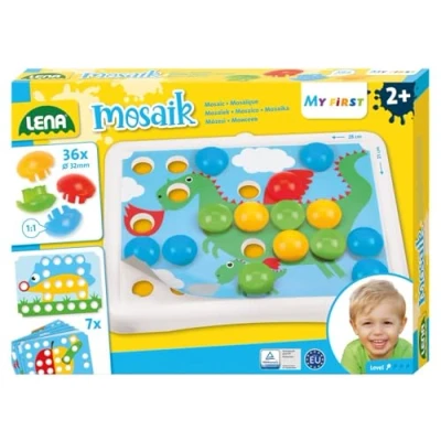 Image de LENA 35630 Ma première mosaïque Plug in avec 36 pièces, Clous de d&#039;un diamètre 32 mm, 7 modèles aux Coins arrondis, Jeu pour Les Enfants à partir 2 Ans Coloré