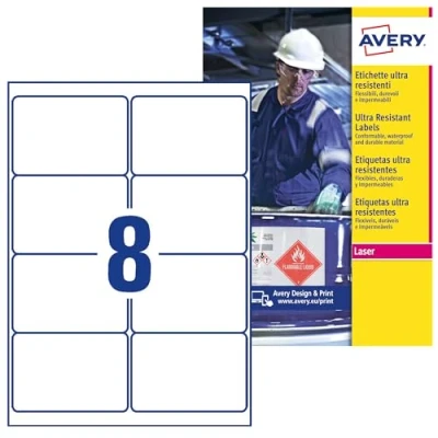Image de AVERY 80 Étiquettes Ultra Resistantes Conditions Extrêmes Polyéthylène Personnalisables Format 99,1 x 67,7 mm Impression Laser et Jet d&#039;Encre