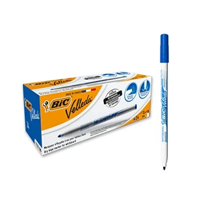 Image de BIC Velleda 1721 Feutres pour Tableau Blanc Effaçables à Sec Pointe Conique Fine Bleu, Boîte de 24