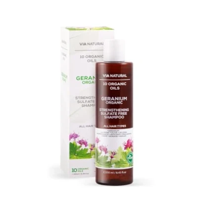 Image de Biofresh cosmetics Via Natural Geranium shampooing avec 10 huiles bio pour cheveux hommes et femmes, tous types de cheveux, soin des fortifiant, sans sulfate, végétalien 250 ml