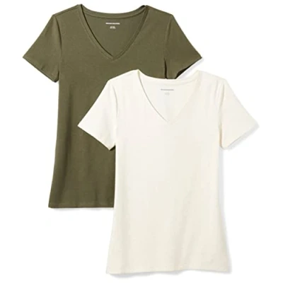 Image de Amazon Essentials T Shirt Col en v à Manches Courtes Coupe Classique Femme, Lot de 2, Vert Olive/Avoine Chiné, XS