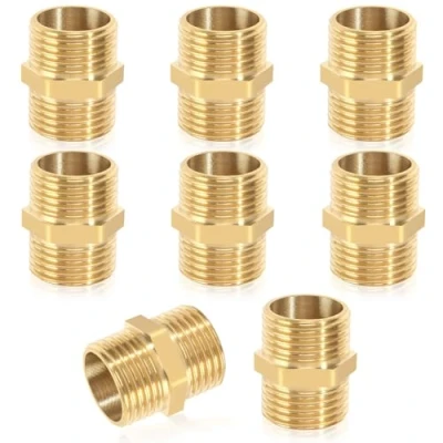 Image de Lot de 8 doubles 1/2&quot; (diamètre 20 mm) Filetage extérieur Double mamelon hexagonal En laiton Pour chauffage, installation d&#039;eau potable, sanitaire, projets bricolage