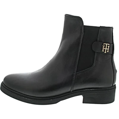 Image de Tommy Hilfiger Bottines Femme TH Leather Flat Boot en Cuir, Noir (Black), 37 EU