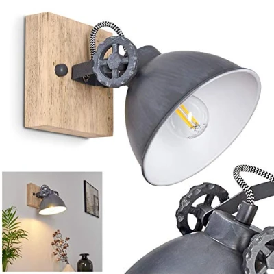 Image de hofstein Applique Svanfolk en bois et métal gris patiné, spot mural pivotant de style rétro industriel, idéal dans un salon vintage, pour 1 ampoule E14, ampoule(s) non incluse(s)