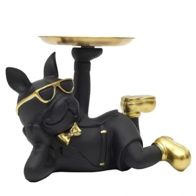 Image de HOME DECO FACTORY, HD0156, Statue Bulldog Vide Poche, Objet Décoratif Élégant en Résine, Rangement Pratique pour Clés et Bijoux, Design Moderne, Taille Unique, Plastique Polyrésine, Or, Noir, Building