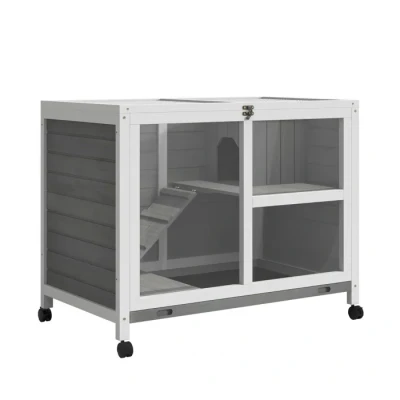 Image de PawHut Cage à Lapin clapier sur roulettes Petit enclos aminaux en Bois Massif 2 étages Toit ouvrant Plates Formes 91,5 x 53,3 73 cm Gris