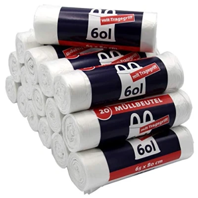 Image de Lot de 320 sacs poubelles avec poignée transport, 60 litres, 20 pièces par rouleau, indéchirables et étanches, produit emballage recyclables (lot 16)