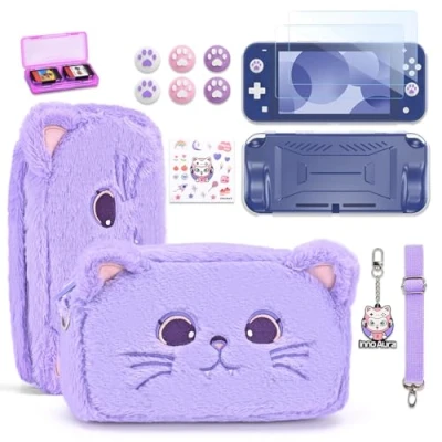 Image de innoAura Étui Switch Lite,Pack d’Accessoires 14 en 1 pour Lite avec étui de Transport Mignon,Protecteur d’écran Lite,étui Jeu Switch,Bouchons Les Pouces (Chat Violet)