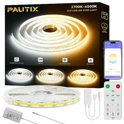 Image de PAUTIX CCT Ruban COB LED Blanc Accordable 10m Kit, 6400LEDs Dimmable 2700K 6500K CRI93+ 24V Bande avec Secteur 84W et Contrôleur, APP Contrôle/Mode Musique pour Sous Armoire Chambre DIY Éclairage