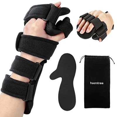 Image de HOOMTREE Attelle de la main au repos droite&amp;gauche avec séparateur doigts Immobilisateur nuit fonctionnel doigt du poignet pour douleur canal carpien,tendinite (Gauche,Noir)