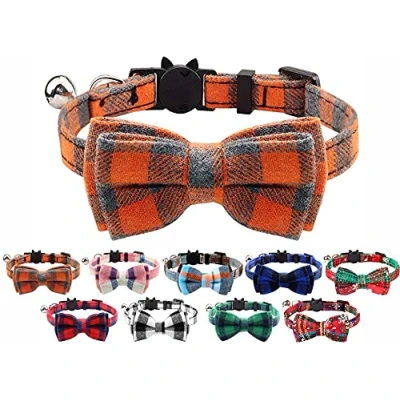 Image de Collier pour chat avec grelot et nœud papillon, boucle de sécurité à dégagement rapide chaton chat, motif tartan doux (orange)