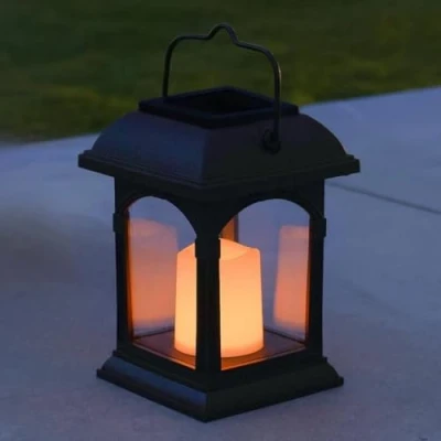 Image de Lanterne Solaire Décorative pour lExtérieur avec Effet Bougie Vacillante LED Waterproof 15cm de Hauteur, Parfait une Lampe Table ou Suspendue Extérieure Noire Mat