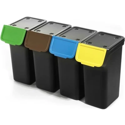 Image de KADAX poubelle avec couvercle, en plastique, pour le tri des déchets, rectangulaire, couvercle à charnière (noir, 4 x 25 l)