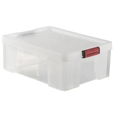 Image de SUNDIS Clip’N Store, boîte de rangement 27L en plastique transparent, renforcée avec couvercle clipsable, aptes au contact alimentaire, parois droites, superposable et combinable