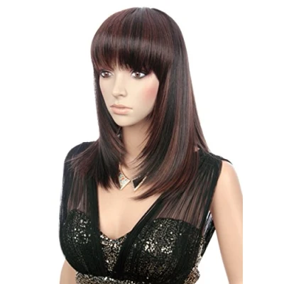 Image de Prettyland Perruque Soyeuse Raide Droite Coupe Moyenne Look Naturel avec Volume lisse Brun Noir strié C721