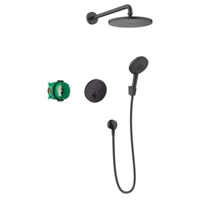 Image de hansgrohe Raindance S Set de douche encastré avec mitigeur thermostatique, pommeau douche, flexible tête ronde (240 mm) et corps d’encastrement, Noir mat, 27959670