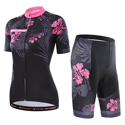 Image de ZEROBIKE Femmes Vélo Cyclisme Respirant à séchage Rapide Maillots Set, Jersey Cycle Manches Courtes Veste + 3D Coussin Rembourré Serré Shorts Pantalon, M, Azalée