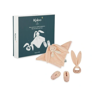 Image de KALOO Lapinoo Coffret de Naissance Couleur Pêche 3 Accessoires Bébé Doudou + Anneau Dentition Chaussons 11 cm Dès la Naissance, K218020