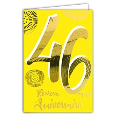 Image de Carte Anniversaire 46 ans en Or Doré Brillant Relief Texturé pour Homme Femme Texte Coloré Adapté à l’Âge l’Intérieur Enveloppe incluse Fabriquée France ColorAges Afie 69 2446