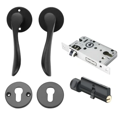Image de Qrity Serrure à Poignée Moderne, de Porte en Bois, Ensemble Levier Fendu Aluminium Muet, Noire pour Extérieure D&#039;entrée Intérieure