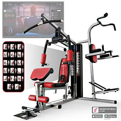 Image de Sportstech HGX100/HGX200/HGX300 Appareil de Musculation Premium Complet, Station avec Stepper ou Presse à Jambes, Banc Musculation, Home Gym, Matériau EVA, Entraînements Variés