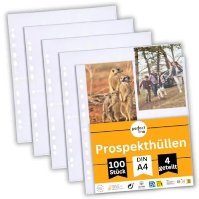 Image de perfect line 100 pochettes transparentes de rangement pour collections, DIN A4, perforées translucides, divisées en 4 compartiments A6, pochette plastique incolore avec ouverture haut