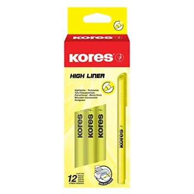 Image de Kores High Liner : Surligneurs Fins Jaune Fluo, Pointe Biseautée et Encre à Base d&#039;Eau, Fournitures Scolaires de Bureau, Paquet 12