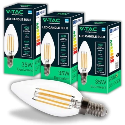 Image de V TAC 3x Ampoules LED Filament Bougie E14 4W (équivalent à 35W) 400 Lumen 3000K Blanc Chaud Ouverture du faisceau lumineux 180 Ampoule Efficacité Maximale et Économie d&#039;Énergie