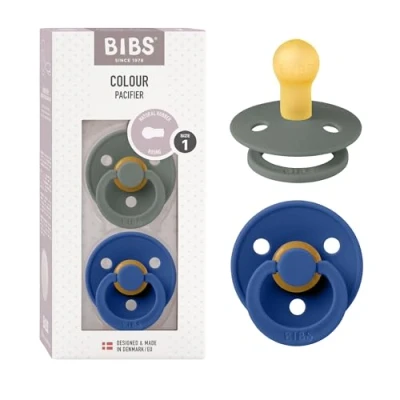 Image de Tétine BIBS Colour. Lot de 2 sucettes. Sans bisphénol A, Téterelle symétrique. Latex caoutchouc naturel, Fabriqué au Danemark, Taille 1 (0 6 mois), Pine/Cornflower