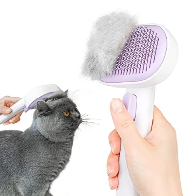 Image de Brosse Chats Chiens, aumuca pour Chat Autonettoyante Chien Poil Long Court en Conception à une Touche, Eliminer Efficacement jusqu&#039;à 95% des Poils Morts (Violette)